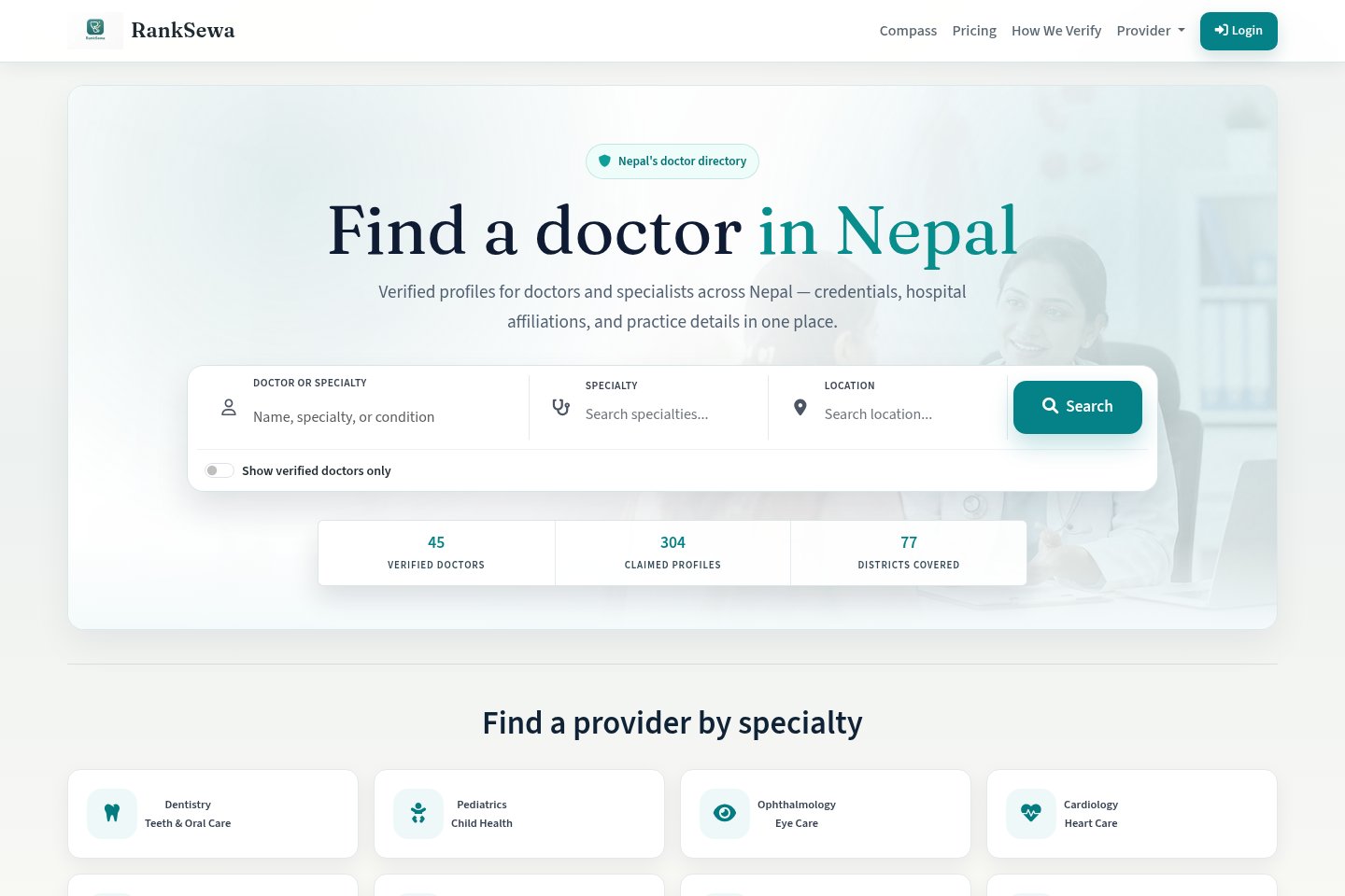 RankSewa homepage with doctor, specialty, and location search. Open RankSewa in a new tab.